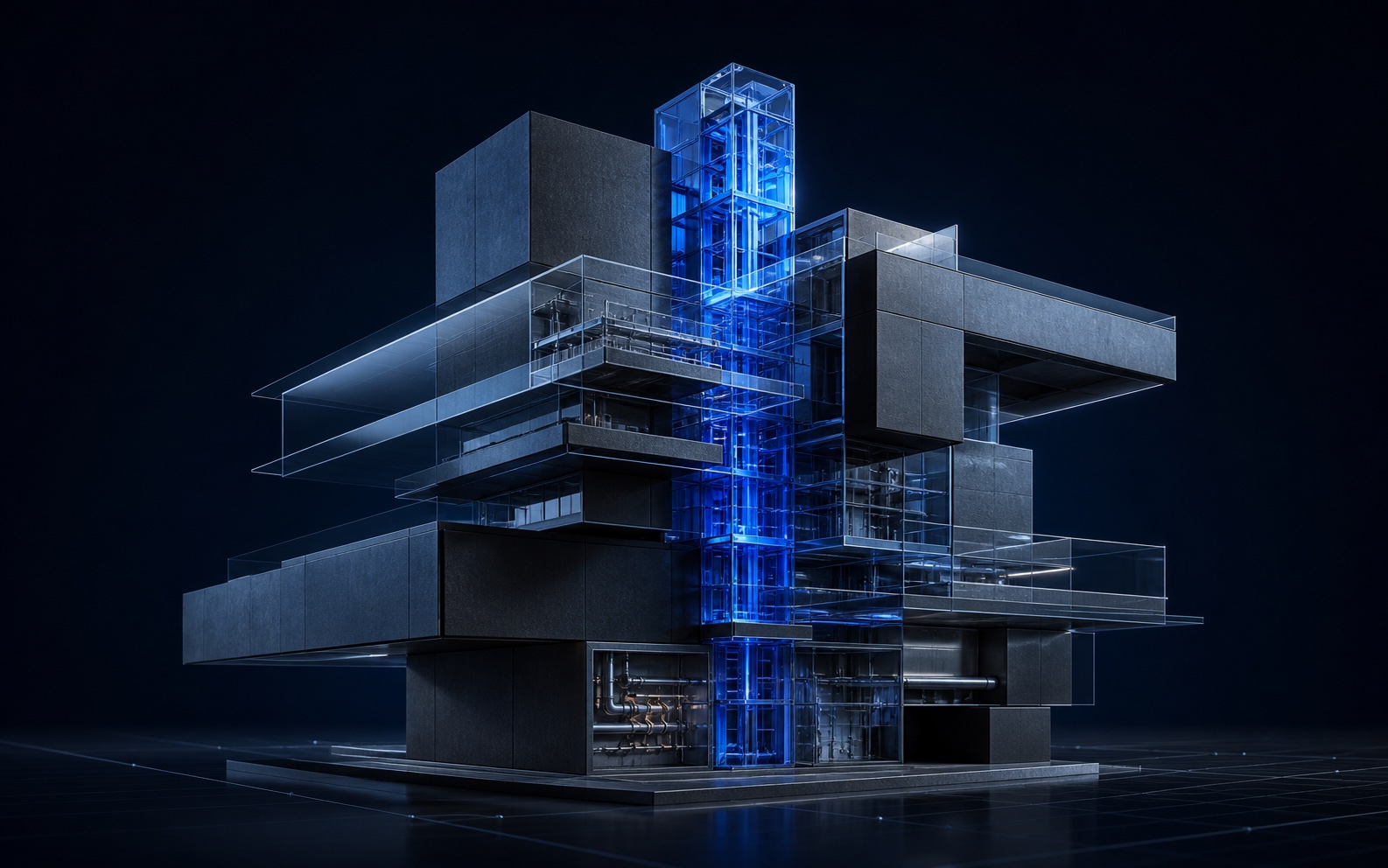 Architectural massing model with transparent sections and a luminous structural core