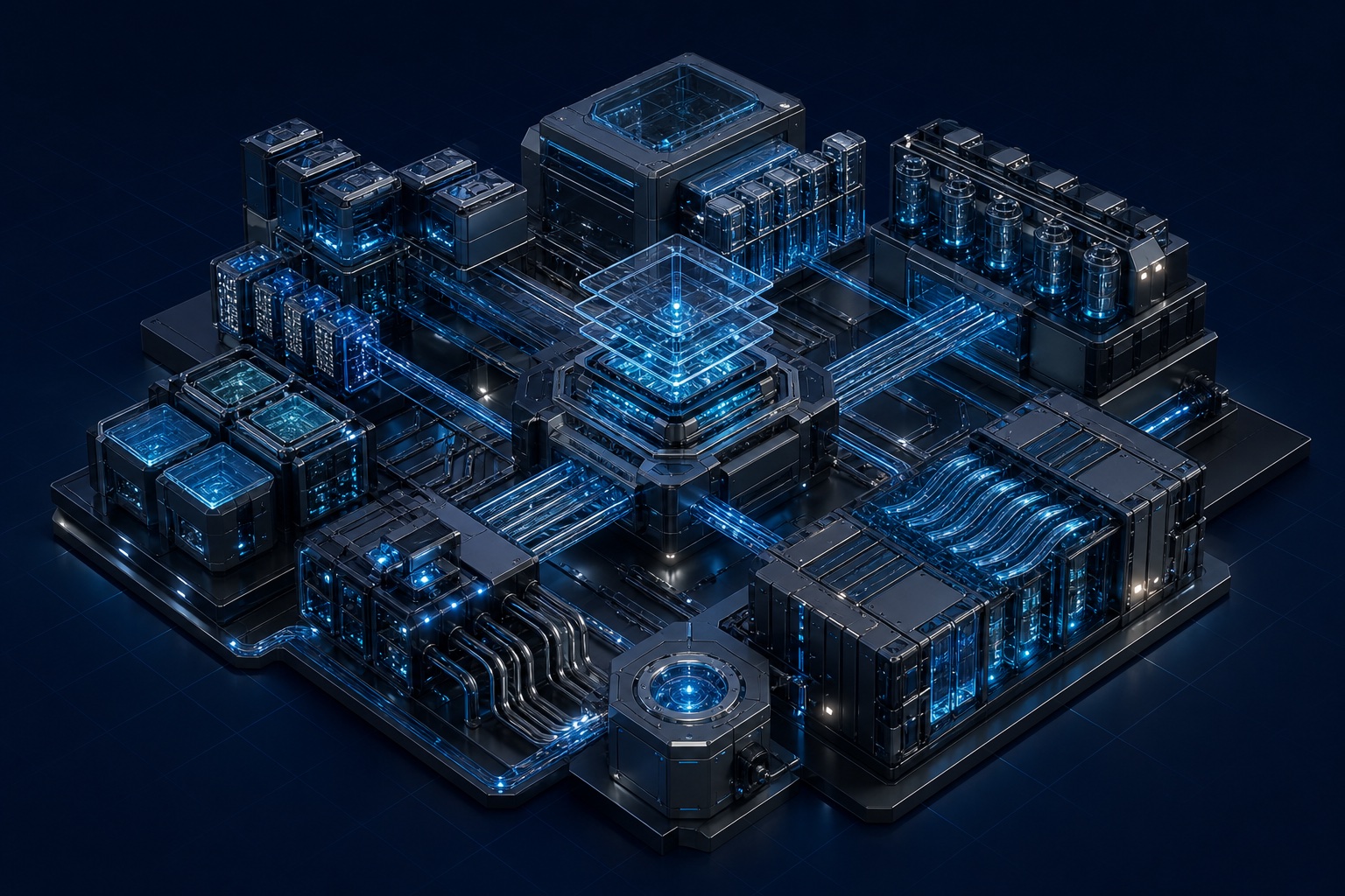 Interconnected production system map with distinct compute, data, control and reliability modules